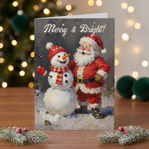 Oude geschilderde Kerstman Sneeuwman Kerstgroet Kaart