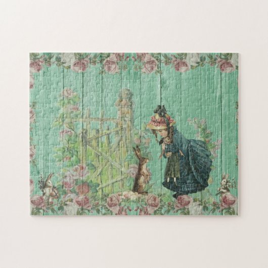 Oude Geschilderde Rustieke Paasscene met Konijn Legpuzzel (Horizontaal)
