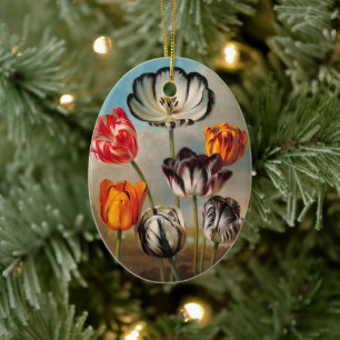 Oude gevarieerde tulp bloemen in een landschap keramisch ornament