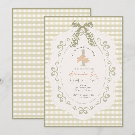 Oude Gingham Konijn Eerste Verjaardag Kaart (Voorkant / Achterkant)