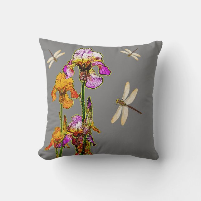 OUDE GOLD-PAARSE IRIS & DRAGONFLIES OP GRAY KUSSEN (Voorkant)