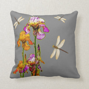 OUDE GOLD-PAARSE IRIS & DRAGONFLIES OP GRAY KUSSEN
