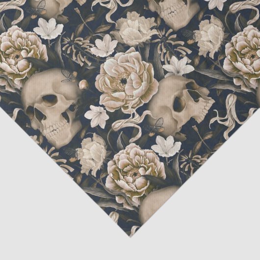Oude Gotische Bloem Skull Peonies Vlinders Tissuepapier (Detail)