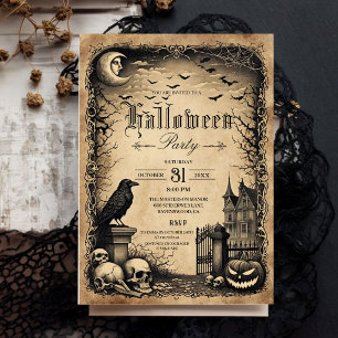 Oude gotische Halloween-feestuitnodiging Raaf Kaart