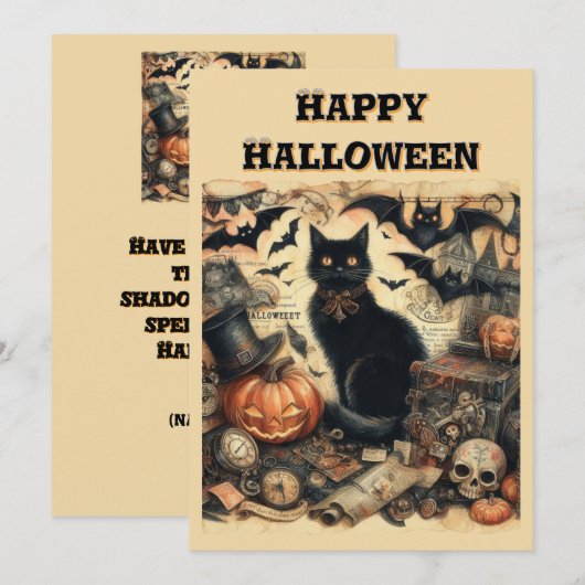 Oude gotische Halloween Zwarte Kat Kinderen   Feestdagenkaart (Voorkant / Achterkant)