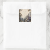 Oude Gotische Kasteel Betoverd Bos Bruiloft Vierkante Sticker (Tas)