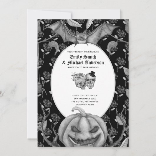 Oude gotische schedels Halloween goth uitnodiging (Voorkant)