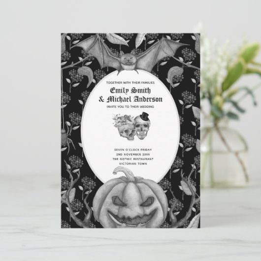 Oude gotische schedels Halloween goth uitnodiging (Staand voorkant)