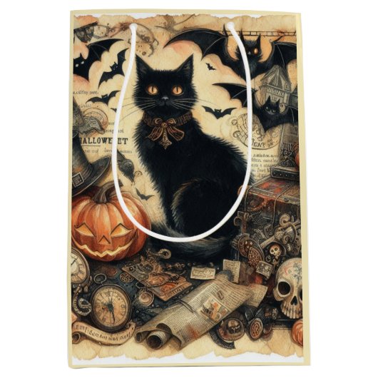 Oude gotische zwarte kat Halloween Medium Cadeauzakje (Voorkant)
