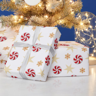 Oude Goud en Rode Retro Pepermunt Kerstmis Cadeaupapier