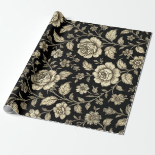Oude gouden roos bloemmotief op zwart cadeaupapier