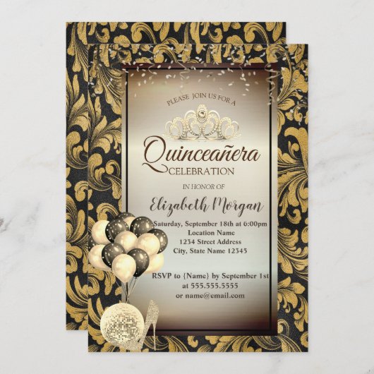 Oude gouden wervelingen, ballonnen, hakken, tiara kaart (Voorkant / Achterkant)