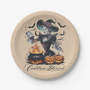 Oude grappige heks ketel gezegende Halloween Papieren Bordje