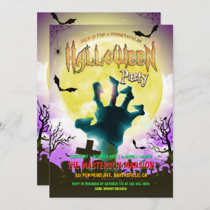 Oude Graveyard, Zombie Hand & Bats Halloween Party Kaart