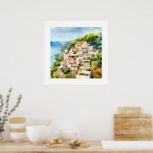 OUDE GRIEKENLAND BERGKANT DORP WATERVERF POSTER (Keuken)