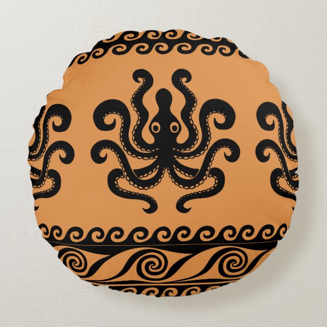 Oude Griekse octopus, golfpatroon Rond Kussen (Voorkant)