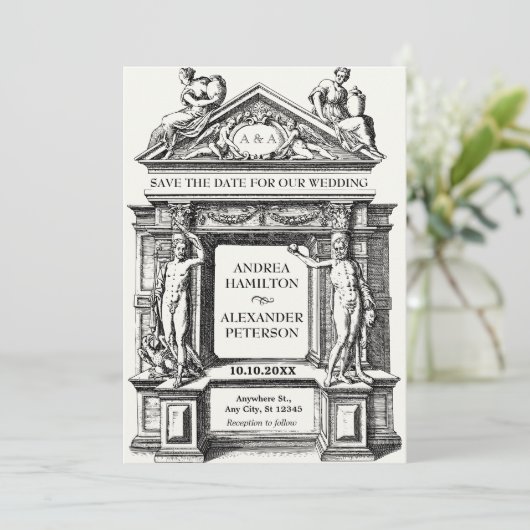 Oude Griekse Romeinse architectuur bruiloft Save The Date (Staand voorkant)