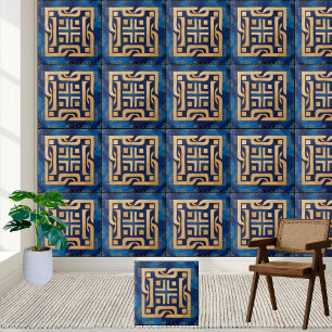Oude Griekse Sleutelpatroon Tegel in Goud en Blauw Tegeltje