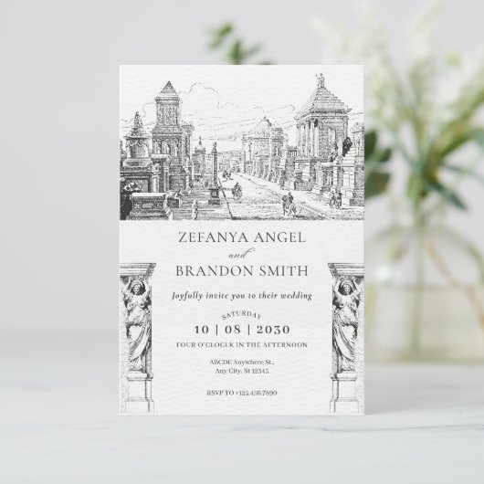 Oude Griekse stad bruiloft uitnodiging (Staand voorkant)