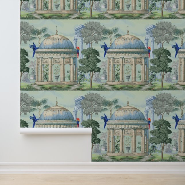 Oude Griekse Tempel Tuin Ara Papegaai Pixie Groen Behang (Applicatie)