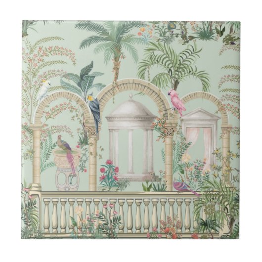 Oude Griekse Tuinboog Papegaai Tropische Bomen Tegeltje (Voorkant)