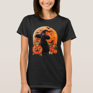 Oude griezelige Halloween zwarte kattenkostuum hek T-shirt