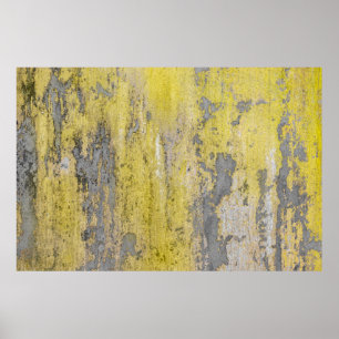 Oude grijze betonwand met schil gele verf. poster