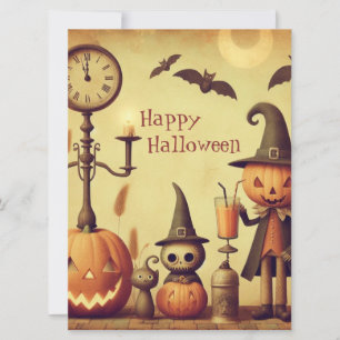 Oude, grillige Halloween pompoenen & vleermuizen Feestdagenkaart