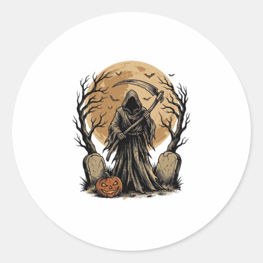 Oude Grim Reaper Halloween Maan Vector Design_1 Ronde Sticker (Voorkant)