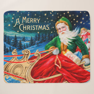 Oude Groen Kerstman slee met sterrenhemel Kerstmis Sherpa Deken