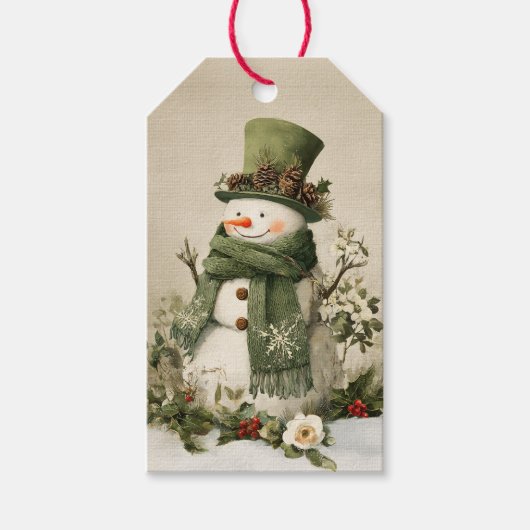 Oude Groen Sneeuwman Kerst Cadeaulabel (Voorkant)