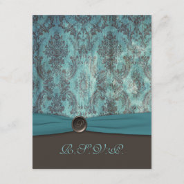 Oude groenblauwe en bruine damast RSVP kaart