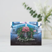 Oude Groenblauwe Truck Met Kranst Merry Christmas Feestdagenkaart (Staand voorkant)