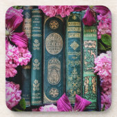 Oude groene boeken en roze rozen bier onderzetter (Voorkant)