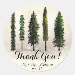 Oude groene bosbomen rustieke houtachtige trouwdag ronde sticker