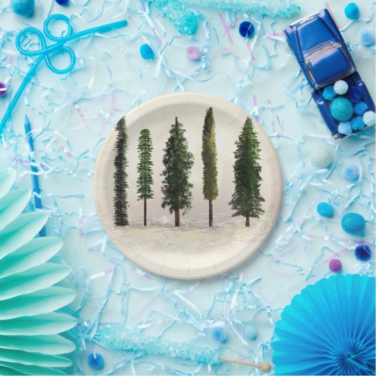 Oude groene bosbomen rustieke houten bruiloft papieren bordje (Feest)