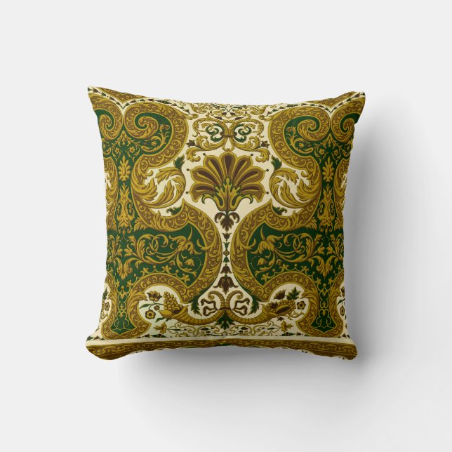 Oude groene en gouden bloempatroon kussen (Voorkant)