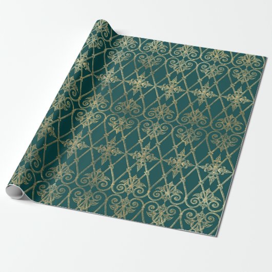 Oude groene en gouden patroon cadeaupapier (Uitgerold)