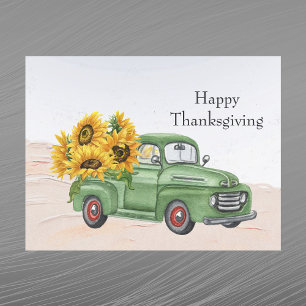 Oude groene vrachtwagen zonnebloemen Thanksgiving Feestdagenkaart