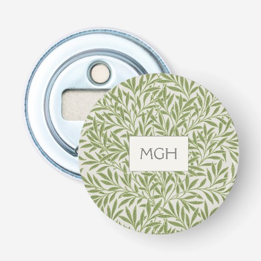 Oude groene wilgenbladerenmonogram button flesopener (Voorkant)