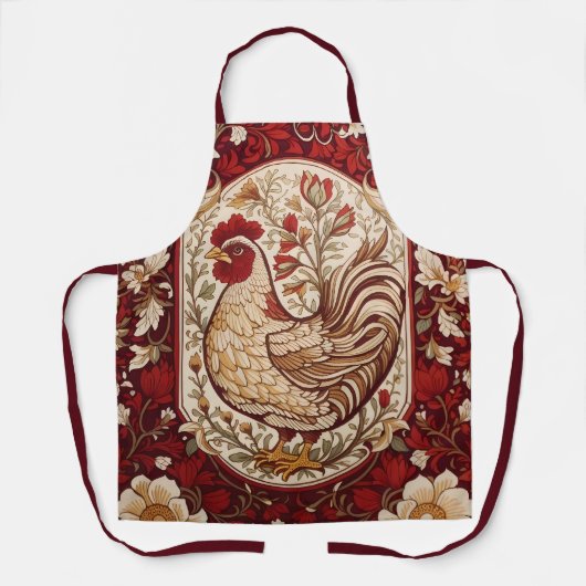Oude Haan Rood en Crème Bloemmotief Schort (Voorkant)