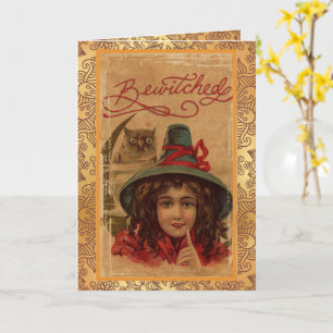 Oude Halloween Betoverde Heks en Uil Kaart