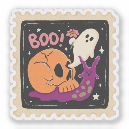 Oude Halloween "Boe!" Schedel & Geest Stempel Sticker (Voorkant)