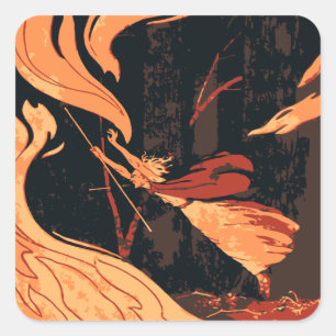 Oude Halloween, Boze Heks met Vuur in het Bos Vierkante Sticker