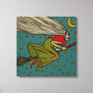 Oude Halloween, Boze Heks Vliegend op Bezemsteel Canvas Afdruk