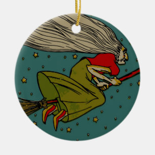 Oude Halloween, Boze Heks Vliegend op Bezemsteel Keramisch Ornament