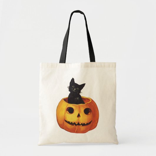 Oude Halloween, Cute Zwarte Kat in een Pompoen Tote Bag (Voorkant)