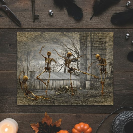 Oude Halloween Decoupage Dansende Skeletten Briefkaart