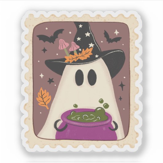 Oude Halloween Geest Heks & Ketel Stempel Sticker (Voorkant)