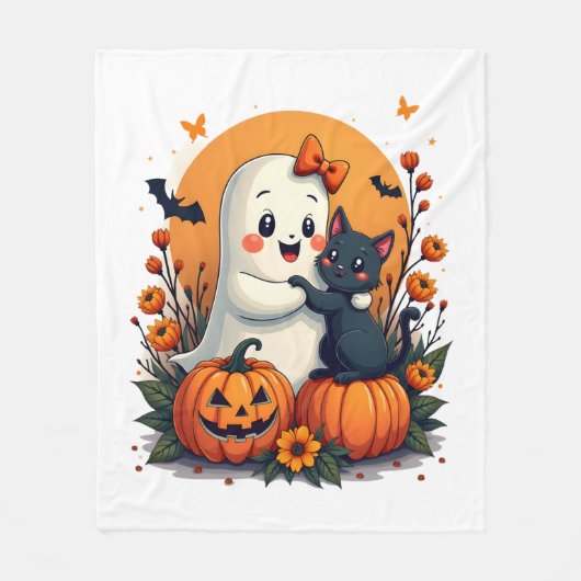 Oude Halloween Geest met Zwarte Kat Groovy F Fleece Deken (Voorkant)